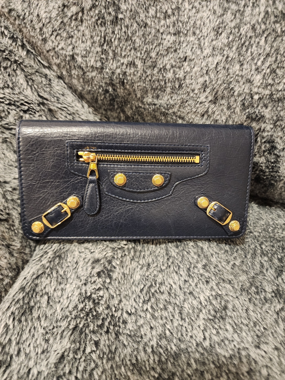 Balenciaga Dark Navy Leather Continental Wallet with Gold Hardware